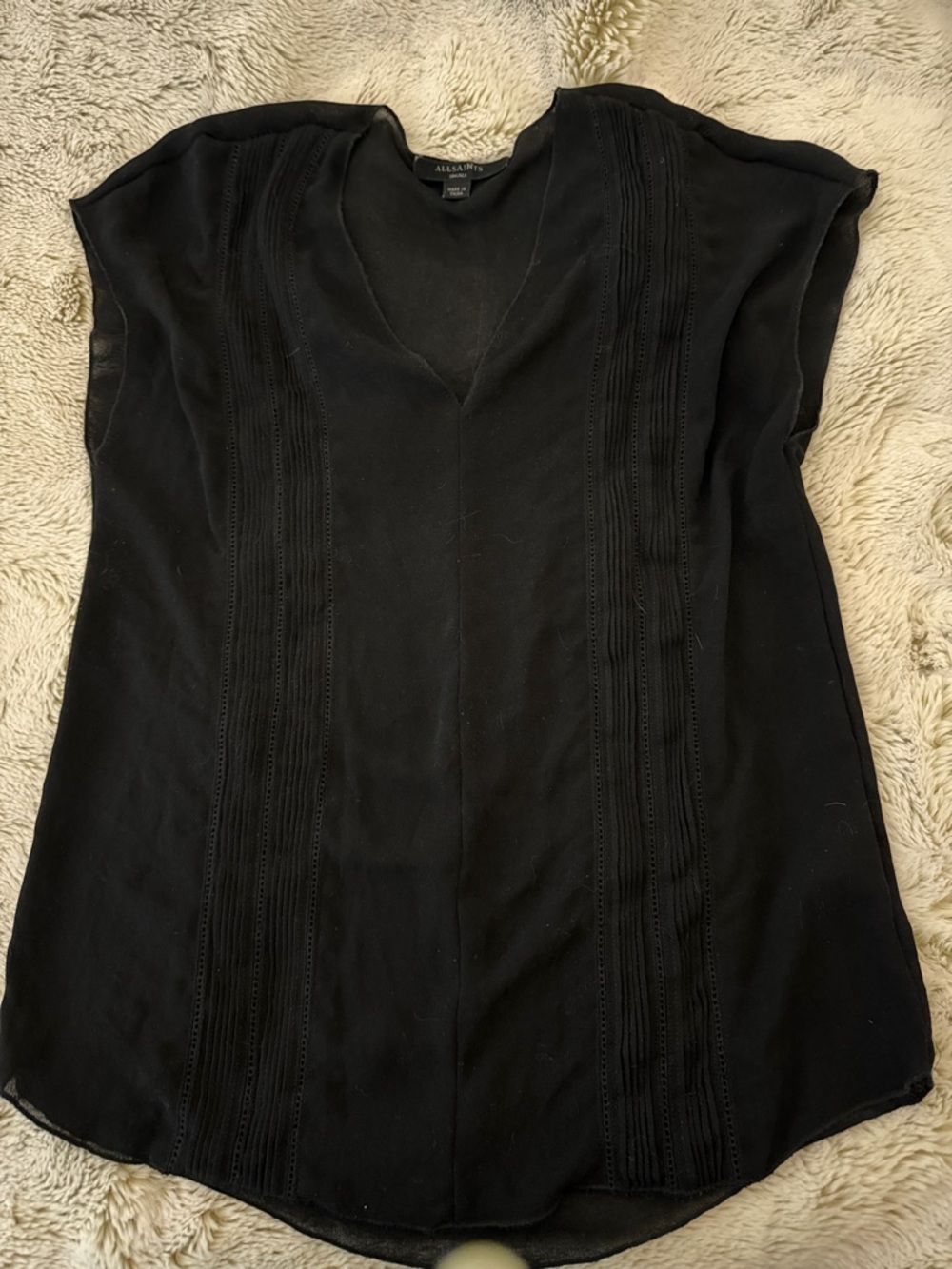 All Saints Black V-Neck Cap Sleeve Tunic with Vertical Lace Panels